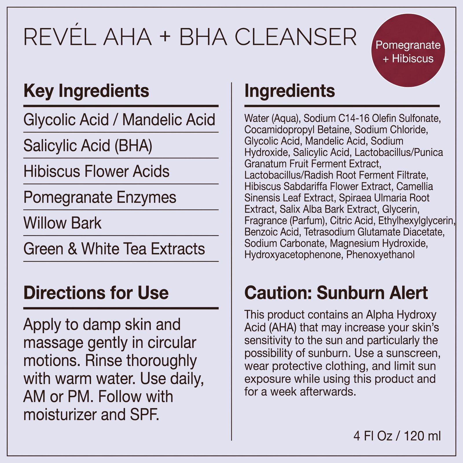 revél AHA + BHA Cleanser label: key ingredients, full ingredient list, directions for use and sunburn alert